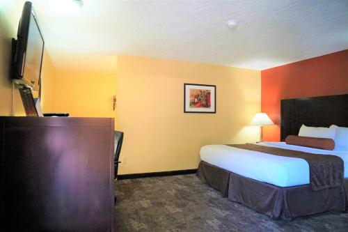 Habitación de hotel con cama y TV de pantalla plana. en McMinnville Inn, en McMinnville