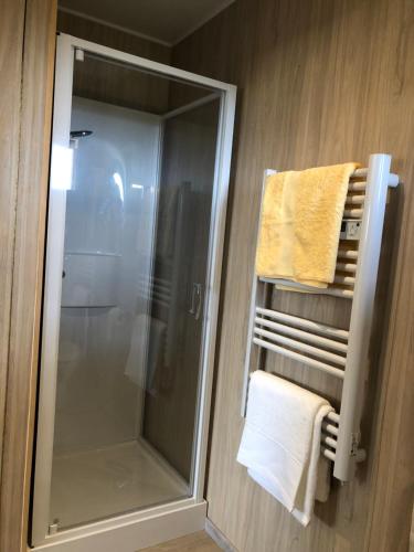 y baño con ducha y cabina de ducha acristalada. en La Cabane, en Draguignan
