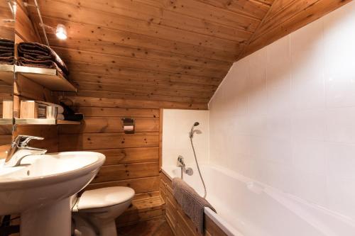 ラ・ジュー・デュ・ルーにあるLes Chalets de Celineのバスルーム(木製の壁、トイレ、洗面台付)