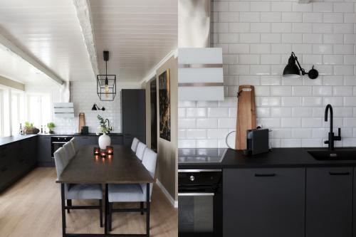 a kitchen with a table and a kitchen with white walls at Solsiden Brygge Rorbuer in Ballstad