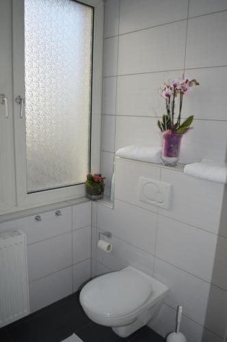 ein weißes Bad mit einem WC und einem Fenster in der Unterkunft Ludwig XIV in Saarlouis