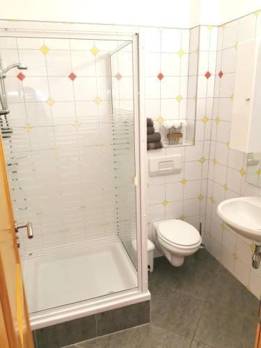 a bathroom with a shower and a toilet and a sink at Apartments Papilon in Vrsar