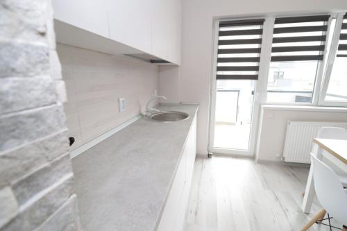 a kitchen with a sink in the middle of a room at Apartament 2 camere Anto in Sibiu