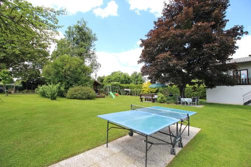 a blue ping pong table in a yard at Ferienwohnung "Haus Falle" in Schiefling am See