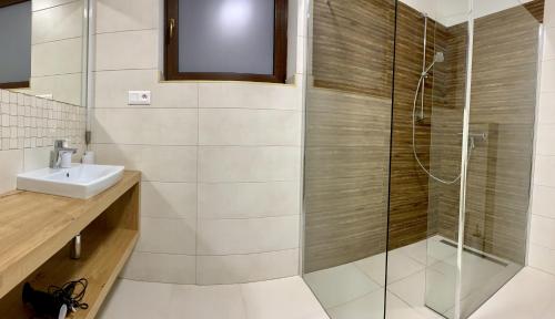 a bathroom with a shower and a sink at Apartmánový dom Poludnica I., Chopok Juh, Jasná in Tale