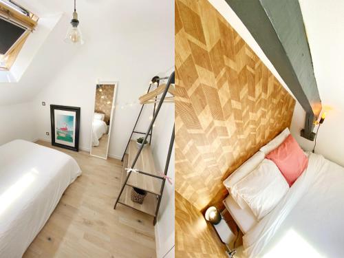 ein Schlafzimmer mit einem Bett mit einem hölzernen Kopfteil in der Unterkunft Duplex lumineux, coloré, atypique face cathédrale in Saint-Brieuc