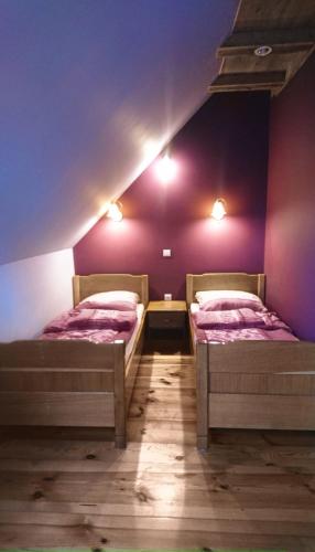 two beds in a room with purple walls at U Krzysztofa in Kopalino