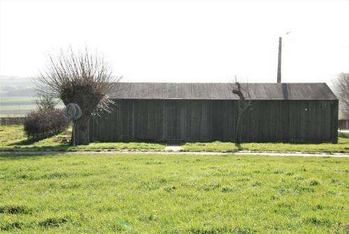 a wooden building with a grass field in front of it at Domein De Kleine Mote in Heuvelland