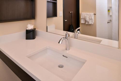 Candlewood Suites - Austin Airport, an IHG Hotel في أوستن: حمام مع حوض ومرآة كبيرة