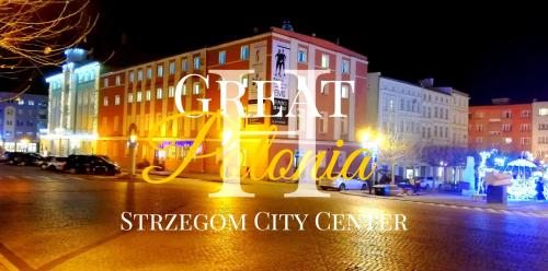 Una ciudad de noche con un cartel que lee el centro de la ciudad de Siberayan en Great Polonia Strzegom City Center, en Strzegom
