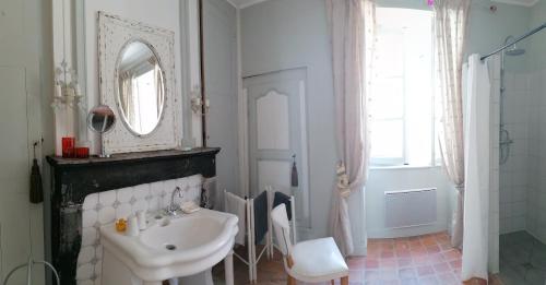 ein Bad mit einem Waschbecken und einem Spiegel in der Unterkunft LE TABELLION in Noyers-sur-Serein