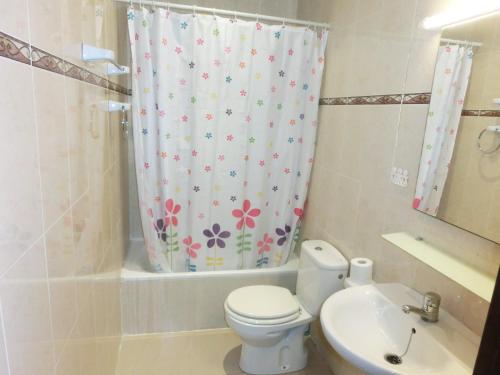 エンプリアブラバにあるEmpuriaapparts Piscimarのバスルーム(トイレ、洗面台、シャワーカーテン付)