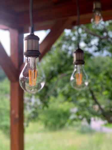 two light bulbs hanging from a pergola at Chalupa na Horce in Blata