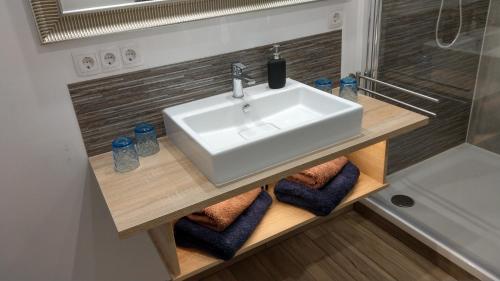 a bathroom with a white sink and a shower at Im Alten Stall in Loxstedt
