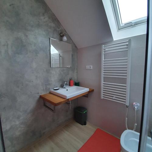 a bathroom with a sink and a mirror at DOMČEK V ZÁHRADE in Banská Štiavnica