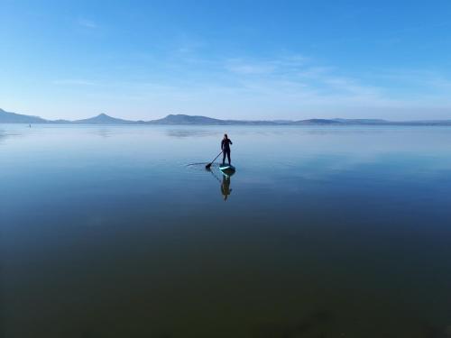 a man standing on the water with a paddle at Exclusive Beachfront Villa in Fonyód