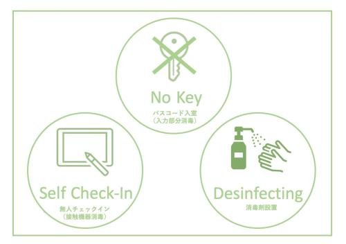 a set of logos for self check in and disinfecting at GRAND BASE Hiroshima Hikarimachi in Hiroshima