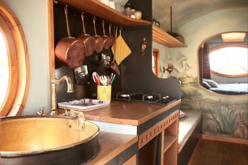 a bathroom with a wooden counter and a sink at La Roulotte des Grillots in Beaulon