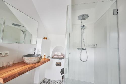 uma casa de banho com um lavatório e um chuveiro em Leopold an der Ybbs em Waidhofen an der Ybbs
