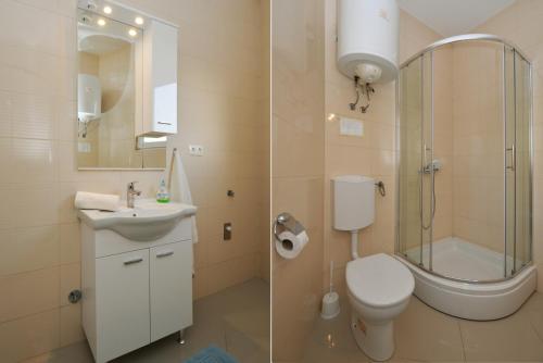 a bathroom with a toilet and a sink and a shower at Apartman Lunga, Murter in Murter