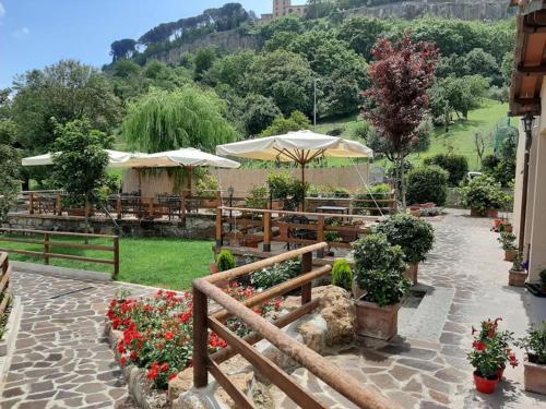 オルヴィエートにあるLocanda Orvieto Agriturismoのテーブルと傘と花の庭園