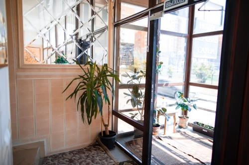 a window with a potted plant in a room at Aruna Hotel in Astana