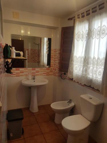 La salle de bains est pourvue de toilettes et d'un lavabo. dans l'établissement Casa Rural La Encina 2, à Lanjarón