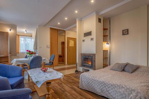 ein Wohnzimmer mit einem Bett und einem Kamin in der Unterkunft Ballada 2 in Zakopane