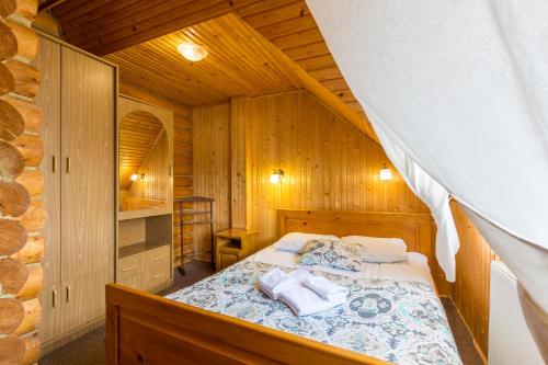 a bedroom with a bed in a wooden cabin at Shepilska Relax Complex in Dovholuka