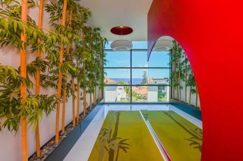an indoor pool in the middle of a building with plants at Apartamento Astrolab in Funchal