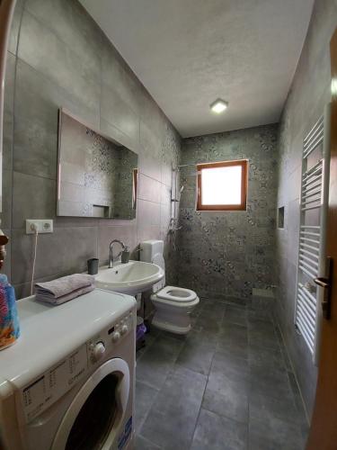 uma casa de banho com um lavatório e uma máquina de lavar roupa em Apartman Malkoc em Bihać
