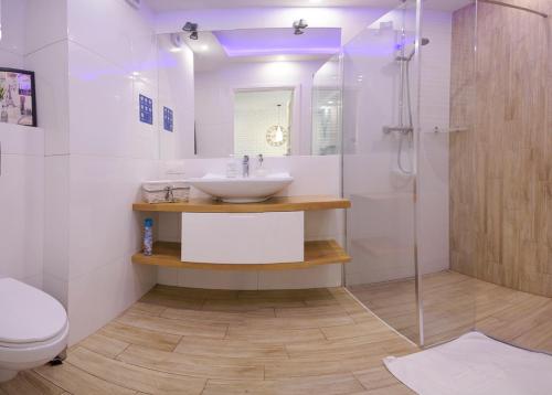 W łazience znajduje się umywalka i prysznic. w obiekcie Toruń deLuxe w Toruniu