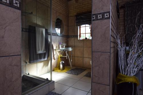 a bathroom with a sink and a tv in a room at Thabong Bed and Breakfast in Brakpan