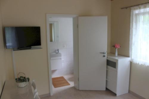 een badkamer met een televisie en een badkamer met een wastafel bij Zimmer am Waldeck in Langenargen