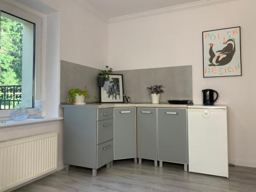 a kitchen with white cabinets and a window at Apartament Leśny - Leśna 30 in Kudowa-Zdrój