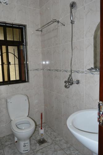 a bathroom with a toilet and a sink at Africa Lodge Arusha in Nkoaranga