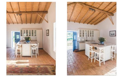 a kitchen and a living room with white cabinets at Morgado do Quintão in Lagoa