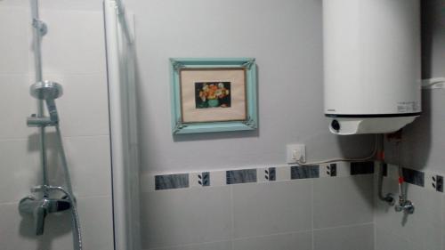 een badkamer met een schilderij aan de muur en een douche bij Casa Serra de Irta in Santa Magdalena de Pulpis