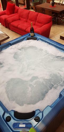 a jacuzzi tub with a bottle of beer in it at Casa Piri in Anina
