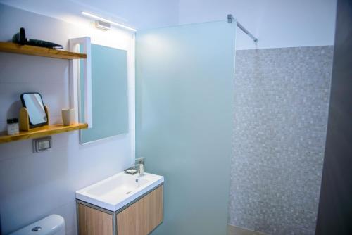 a bathroom with a sink and a mirror and a shower at Pensiunea Mara in Techirghiol