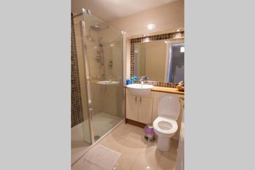 ein Bad mit einem WC, einem Waschbecken und einer Dusche in der Unterkunft City Centre Executive 2 Bed Apartment with WiFi & Parking in Aberdeen