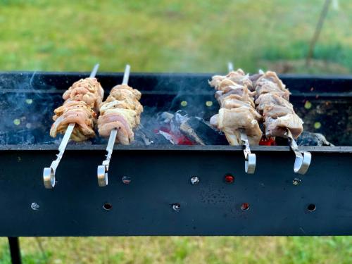 a group of skewers of meat on a grill at Hotel Rojas Pērle in Roja