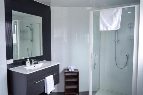 皇后鎮的住宿－四季汽車旅館，浴室配有盥洗盆和带镜子的淋浴