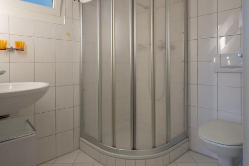 a bathroom with a shower and a toilet and a sink at Grava - Ferienwohnung für max. 2 Personen in Laax