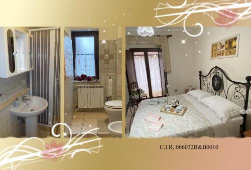 2 immagini di una camera con letto e bagno di B&B Leonardo Da Vinci appartamento vicinissimo alla Clinica l'Immacolata a Celano