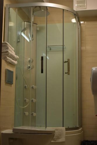 a shower with a glass door in a bathroom at Villa Malva in Łomianki
