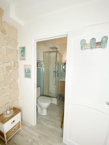 La salle de bains est pourvue de toilettes et d'une douche en verre. dans l'établissement Studio terrasse Sanary centre ville rue piétonne, à Sanary-sur-Mer