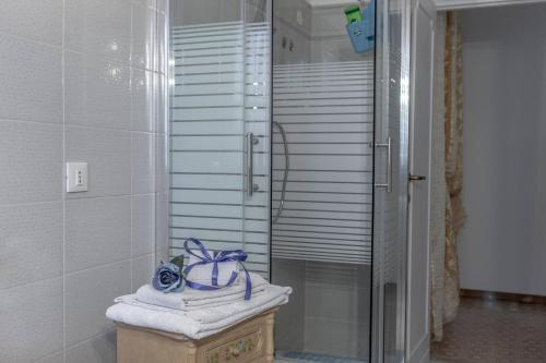 een badkamer met een douche en een handdoek bij Airport Casa Sofia in Fiumicino