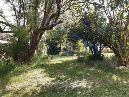 a park with a bench and trees in the grass at La maison bleue in Corpeau