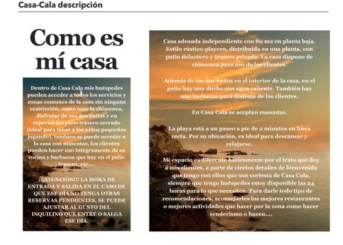 un folleto para una empresa de cacao con una puesta de sol en el fondo en Casa con encanto en Calabardina, cerca de la playa, en Calabardina